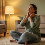 Une femme assise dans un intérieur chaleureux effectue doucement des étirements du cou et de la mâchoire dans une ambiance apaisante du soir.