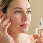 Femme à la peau sensible examinant délicatement une zone sèche sur sa joue, à côté d’un flacon de sérum sans étiquette dans une salle de bain lumineuse.