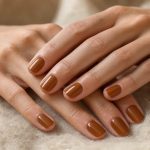 Gros plan de mains féminines soigneusement hydratées, aux ongles courts vernis marron caramel brillant, posées sur une laine écrue dans une douce lumière d’automne.